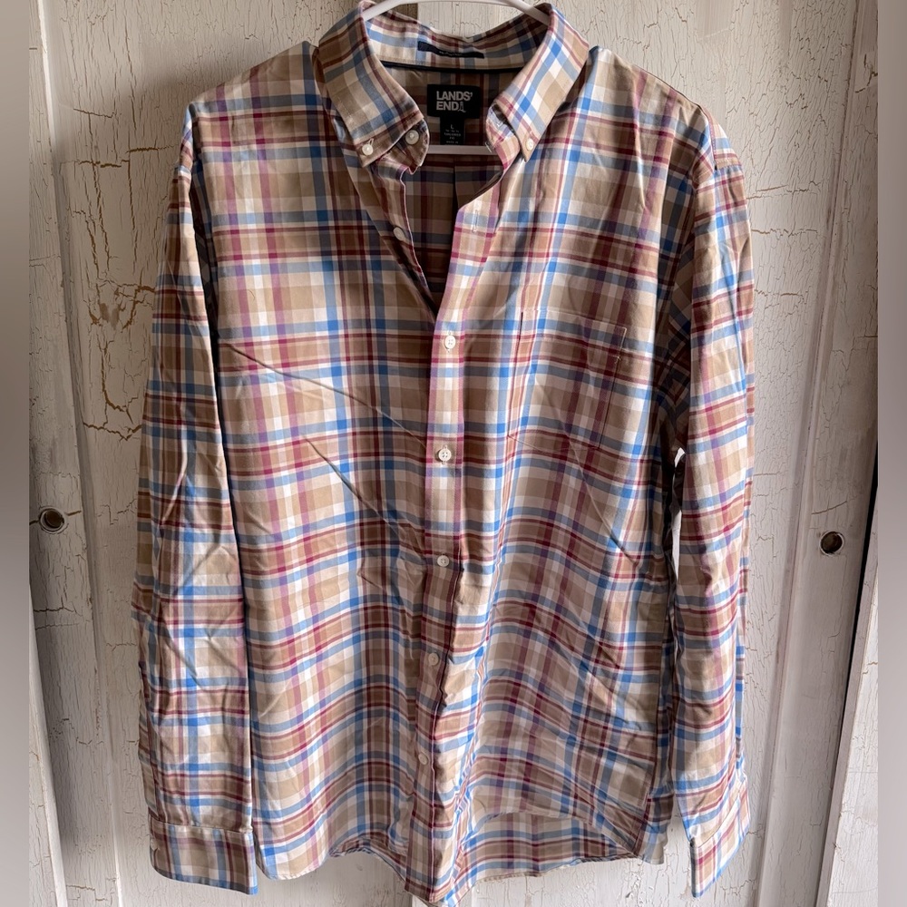 LANDS END Mens Plaid Long Sleeve Tan White Red Blue Button up Shirt Tag size L
